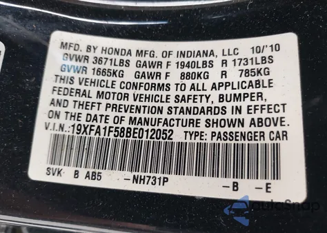 2011 Honda Civic Lx from USA, damaged, VIN 19XFA1F58BE012052